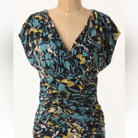 Anthro Moulinette Soures Abstract Print Faux Wrap Ruched Midi Dress - Picture 3 of 8